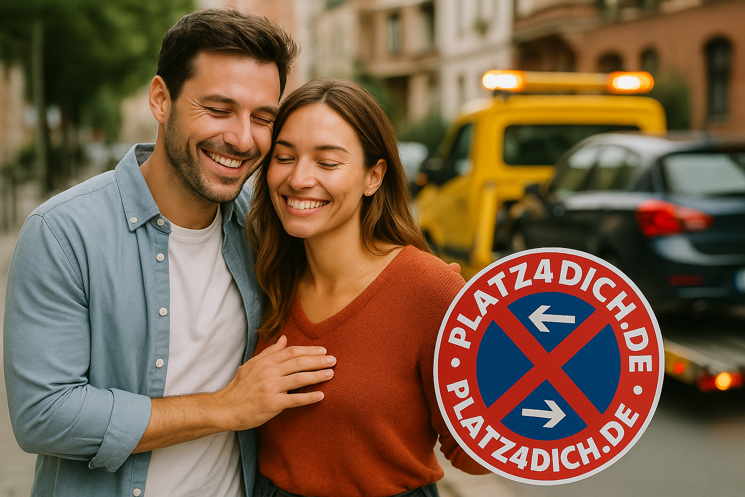 glückliches Pärchen mit Verkehrszeichen als Firmenlogo sowie im Hintergrund ein abgeschlepptes Fahrzeug was auf dem Abschlepper steht